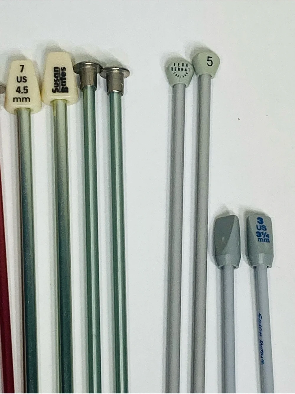 8 Sets of Various Brands Single Point Knitting Needles- Gold, Red, Green, Silver